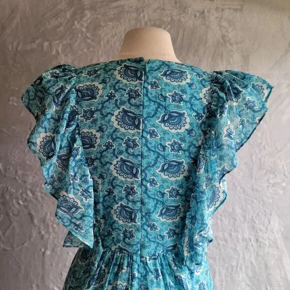 RHODE Aqua Lotus Tasha Midi Dress Size 4 Floral Print Flutter Cap Sleeve Ruffle - Picture 15 of 16